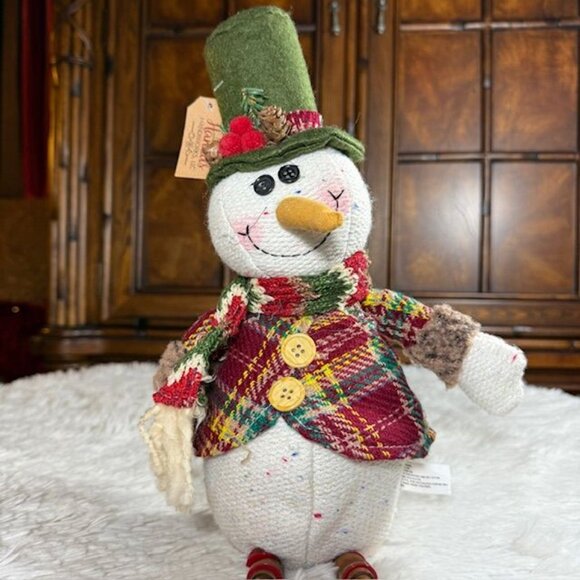Vintage Hanna's Handiworks Plaid Coat Posing Arms Wood Bead Legs Sitting Snowman - Picture 4 of 14
